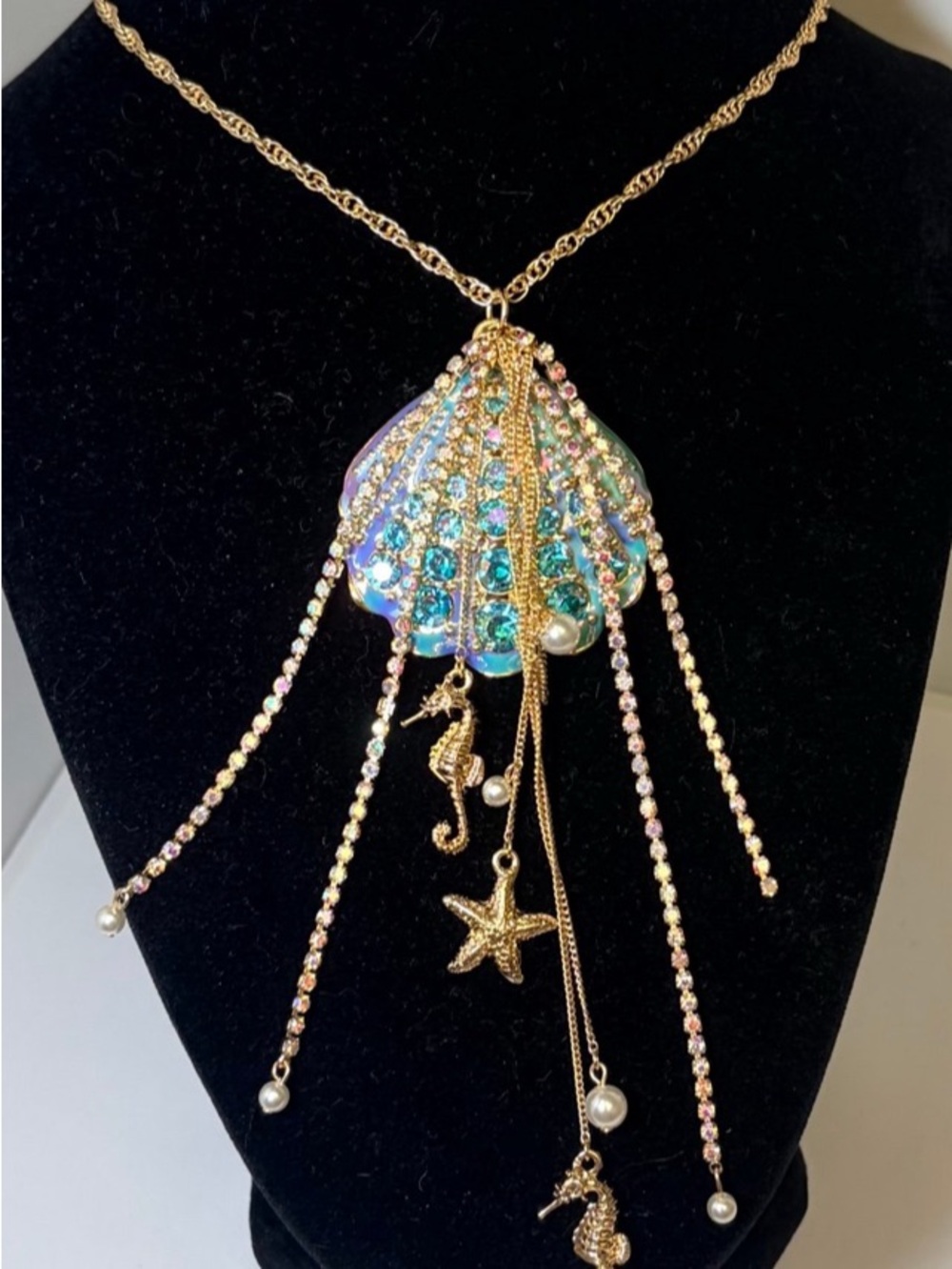 Betsey Johnson Gold-Tone Iridescent Blue Shell Charm Necklace - Picture 13 of 16